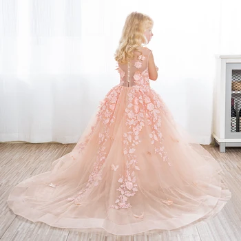 Роскошное платье Трапециевидной формы для Первого причастия для девочек, Розовое кружевное платье Принцессы с цветочным узором для девочек, Свадебное детское праздничное платье