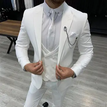 Белые облегающие костюмы для мужчин, Итальянская свадьба, 3 предмета, сшитая на заказ одежда жениха, деловой блейзер с отворотом (куртка + жилет + брюки).）