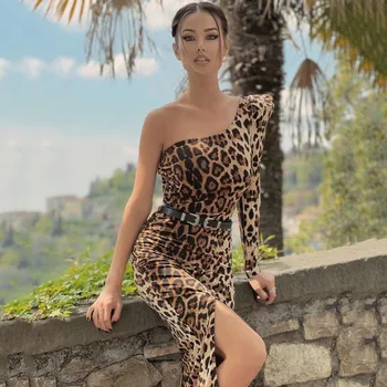 2023 Сексуальное Леопардовое Платье с длинным рукавом на одно плечо и открытой спиной Длиной до Чая, С разрезом по бокам, Платье для выпускного вечера, Пояс из Саудовской Аравии
