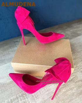 ALMUDENA/ Розовые замшевые туфли-лодочки с острым носком и узлом-бабочкой на Заоблачной шпильке, Женские туфли для Банкета без Застежки, Свадебные туфли-лодочки с бабочкой