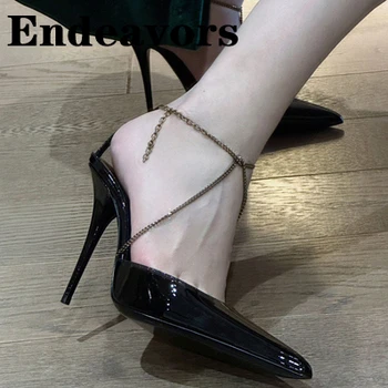Черная прямая цепочка с перекрестьем, острый носок, тонкий высокий каблук, Сексуальная Прямая цепочка Baotou, Новый дизайн, Женские туфли большого размера