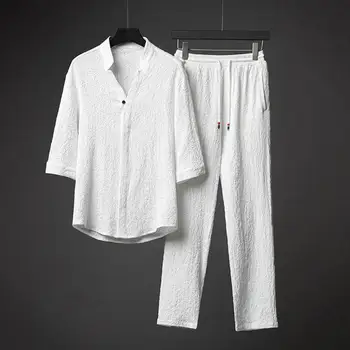 Летний Мужской модный повседневный цветной костюм-футболка 2023, Мужские высококачественные тонкие рубашки с коротким рукавом, Длинные брюки, Комплект из двух предметов