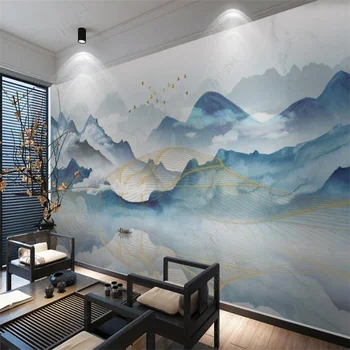 Новая китайская абстрактная художественная концепция Синие чернила Пейзаж Спальня Индивидуальный декор Настенная роспись Обои Домашний декор Обои