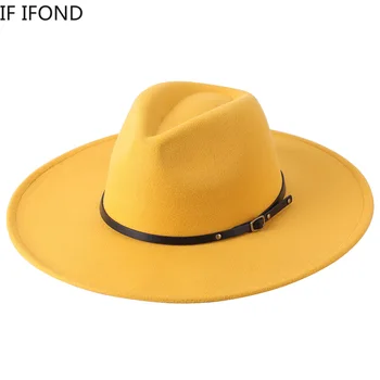 Шерстяные Теплые Фетровые шляпы с широкими полями, Женские однотонные Джазовые Фетровые шляпы для мужчин, Панама, желтые шляпы Gamble