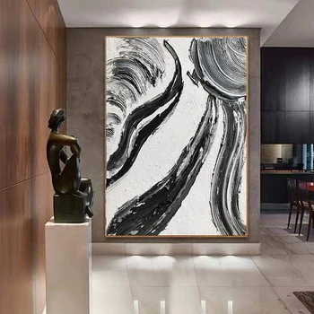 Ручная работа, Картина маслом, Мастихин, Абстрактная живопись, Большая Белая Черная Текстурированная картина, Минималистичное настенное искусство для гостиной