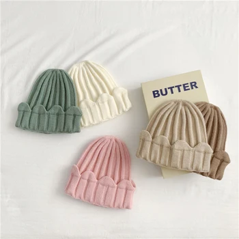 Детская вязаная теплая шапка в корейском стиле, однотонная осенне-зимняя шапка, Модный головной убор, Капор, пуловер из завитой шерсти, шапка