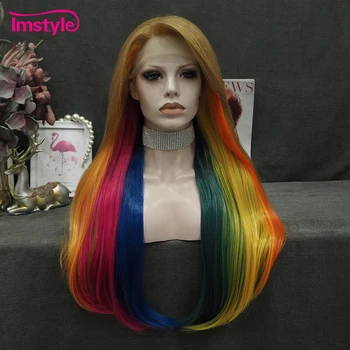 Парик Шнурка Imstyle с мишурой, радужный синтетический парик фронта Шнурка, Длинные прямые волосы, разноцветные парики для женщин, красочный парик для вечеринки
