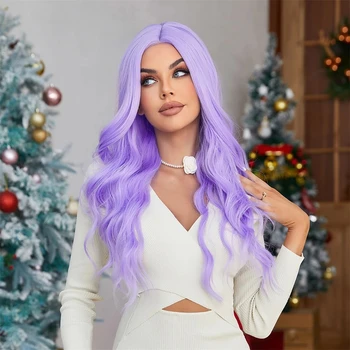 Фиолетовый синтетический кружевной парик С длинными волнами, 28 дюймов, Фиолетовая средняя часть 13*1*4.5 кружевной парик спереди, Женский парик