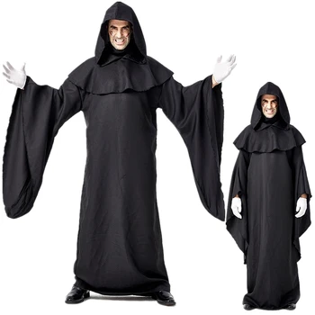 Костюмы Заклинателей для взрослых для мужчин и женщин, черный карнавальный костюм Страшной ведьмы и дьявола с капюшоном для Хэллоуина, праздничная одежда