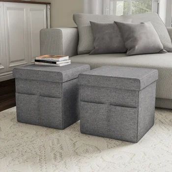 Складной пуфик-куб для хранения с карманами (пара, угольно-серый), экономящий пространство мебельный табурет