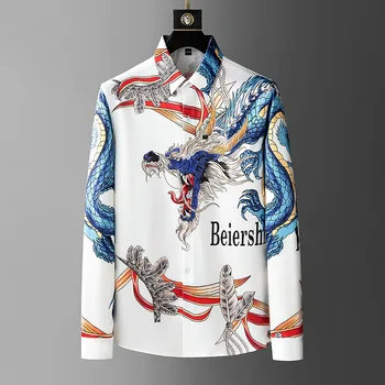 Мужская новая весенняя рубашка с роскошным принтом дракона, трендовый модный Деловой повседневный праздничный Универсальный тонкий топ для поездок на работу