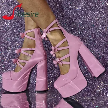 Розовый галстук-бабочка, Высокие каблуки, Круглый носок, Босоножки на толстом каблуке, Платформа, Молния, Милая обувь в стиле Лолиты Мэри Джейн, Летние вечерние женские туфли-лодочки