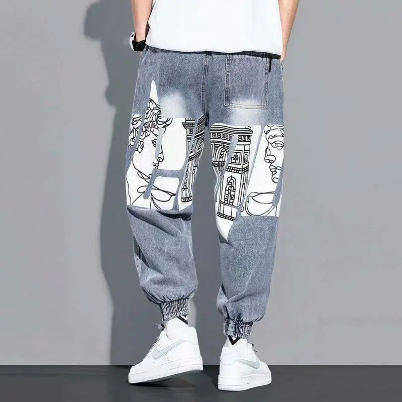 Весенне-Осенние Свободные джинсы, Мужские Прямые Джинсы в стиле хип-хоп, Корейские модные брюки длиной до щиколоток с граффити, джинсовые шаровары большого размера