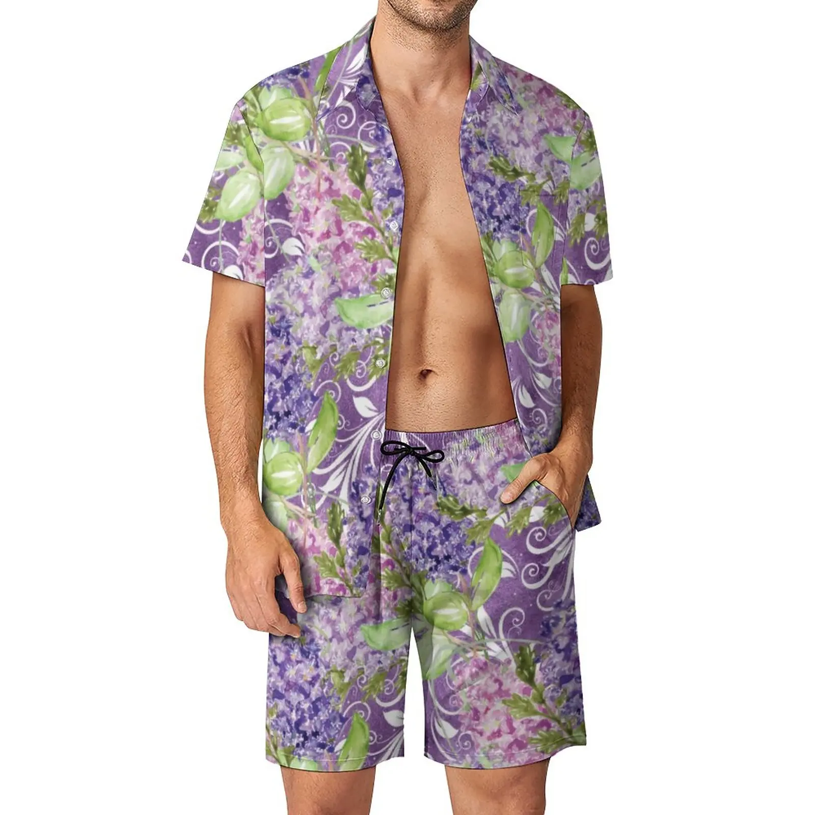 Фиолетовые мужские комплекты пляжной одежды с цветочным принтом, акварельные цветы, повседневная рубашка, летние шорты, модный костюм из 2 предметов, большие размеры