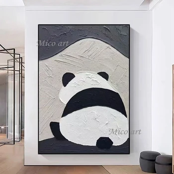Симпатичная картина с животными Абстрактное настенное искусство Акриловая Черно-белая Панда Мастихином Картина маслом на холсте без рамы Дропшиппинг
