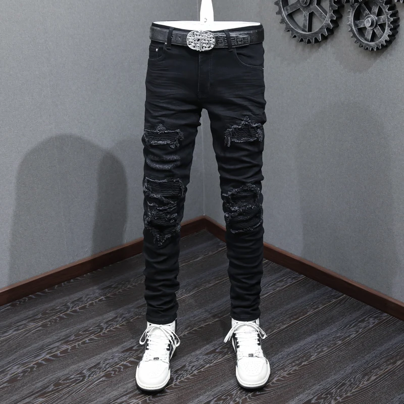 Высокие уличные модные рваные джинсы, мужские заплатанные дизайнерские черные эластичные брендовые брюки в стиле хип-хоп, Мужские стрейчевые обтягивающие джинсы в стиле панк, Homme